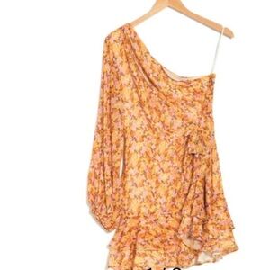 NWT LUSH Chiffon One Sleeve Ruffled Mustard Rust Mini Floral Dress,‎ Size Large
